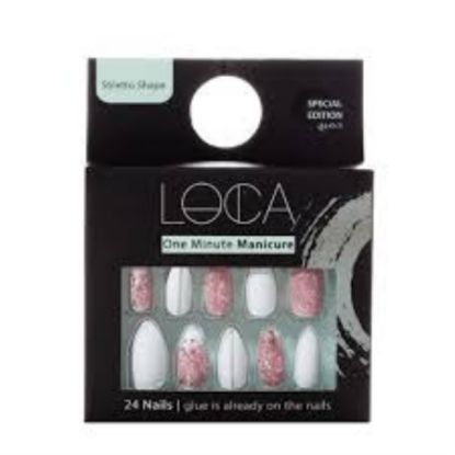 Picture of LOCA NAILS WHITE AND PINK GLITTER STILETTO SHAPE S2   0239